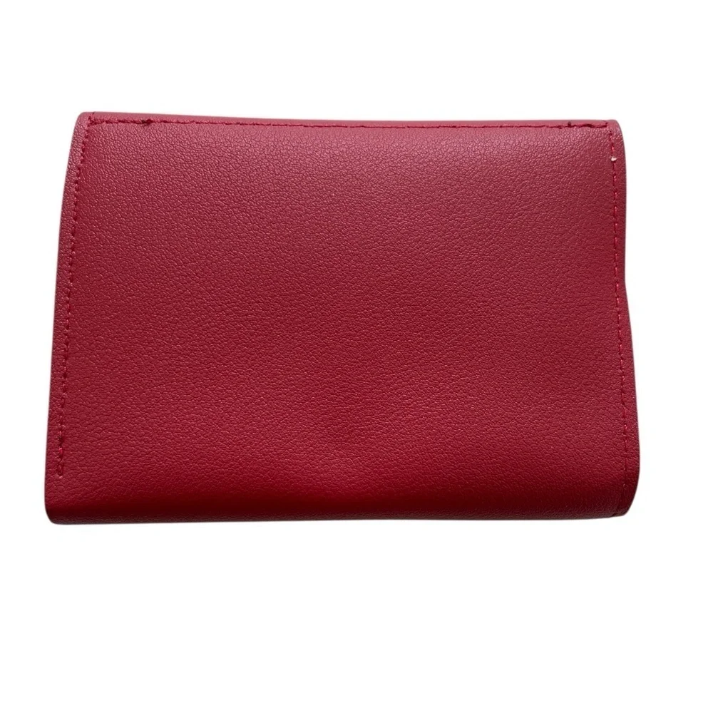 Red Faux Leather Tri-fold Wallet With A Geometric Hold Heart Tone Buckle
